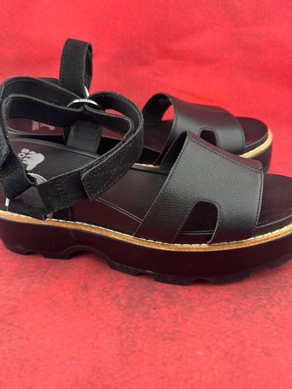 SOREL WOMEN'S BLACK LEATHER PLATFORM SANDALS HOOK & LOOP ANKLE STRAPS SIZE 9 - Picture 3 of 8